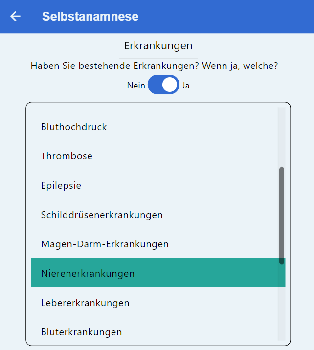 Digitales Fomular für die Selbstanamnese