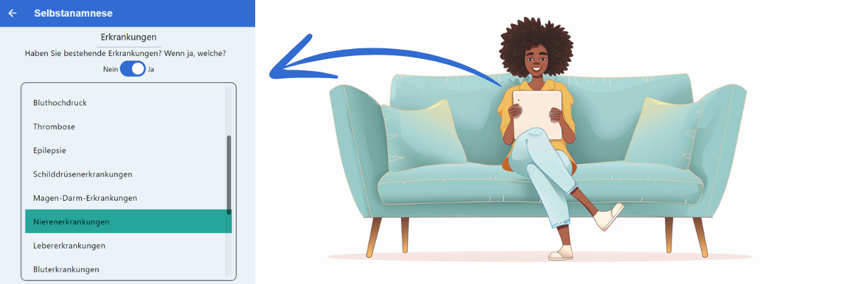 Eine Frau nutzt die App vom Sofa zuhause
