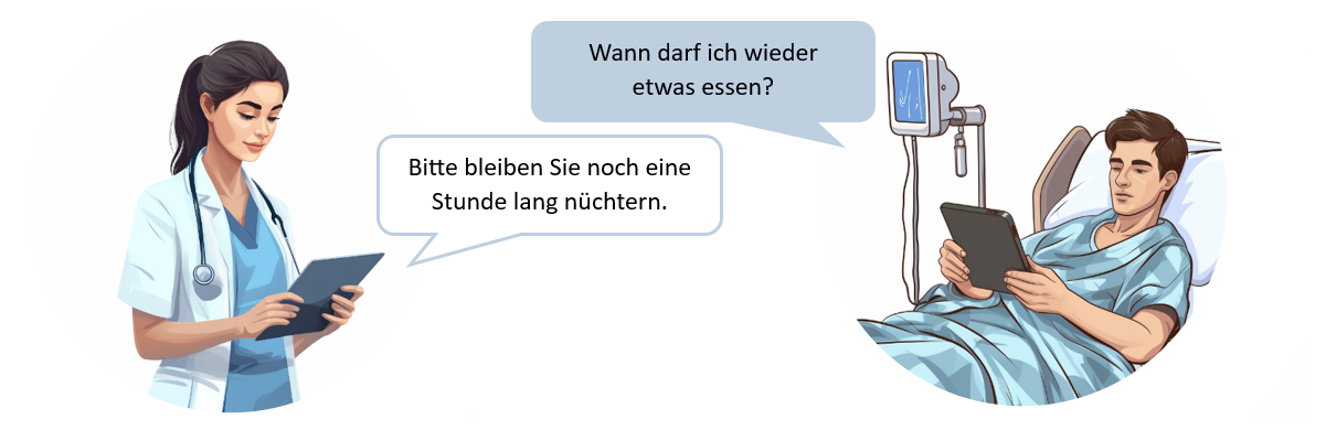 Cartoon mit Pflegerin und Patient die über die App kommunizieren